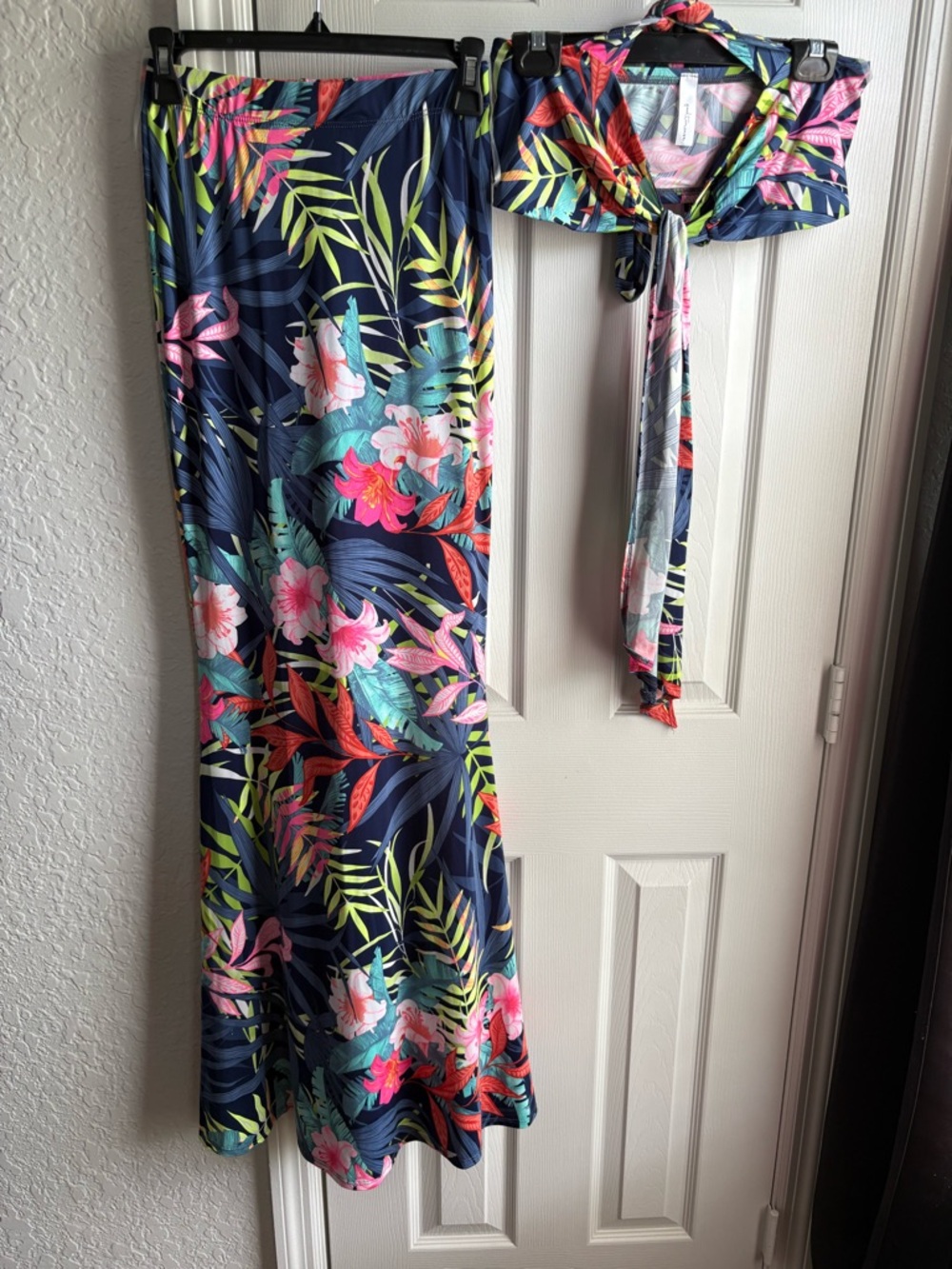 Tropical Floral Maxi Skirt and Tie Top Set - Navy Base with Bright Floral Print
